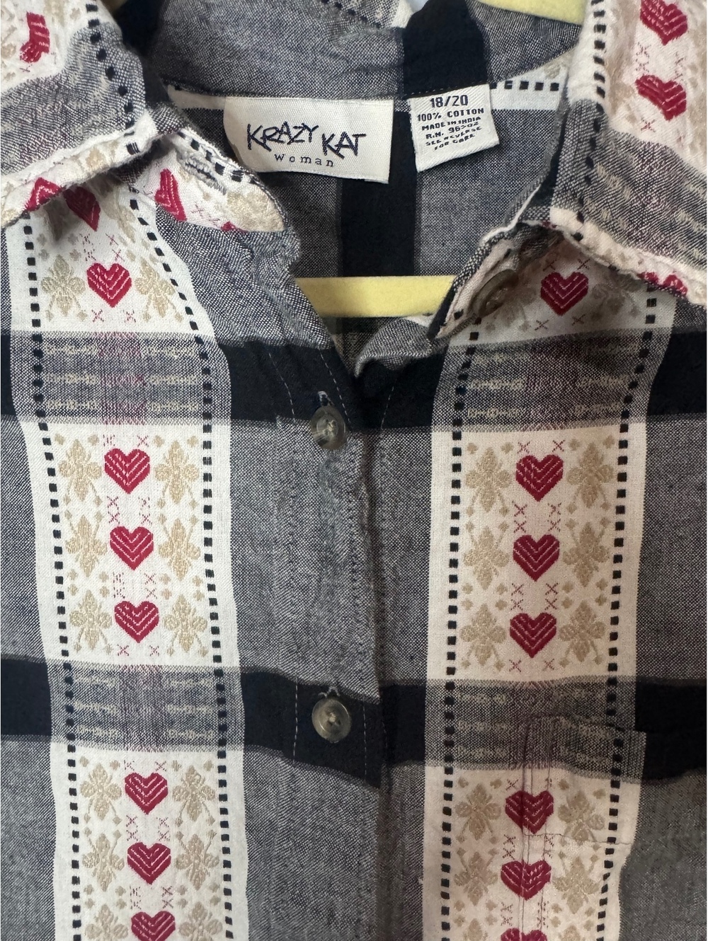 Vintage Krazy Kat Heart Plaid Button Up Shirt Women’s Size 18/20 Cotton - Picture 3 of 6